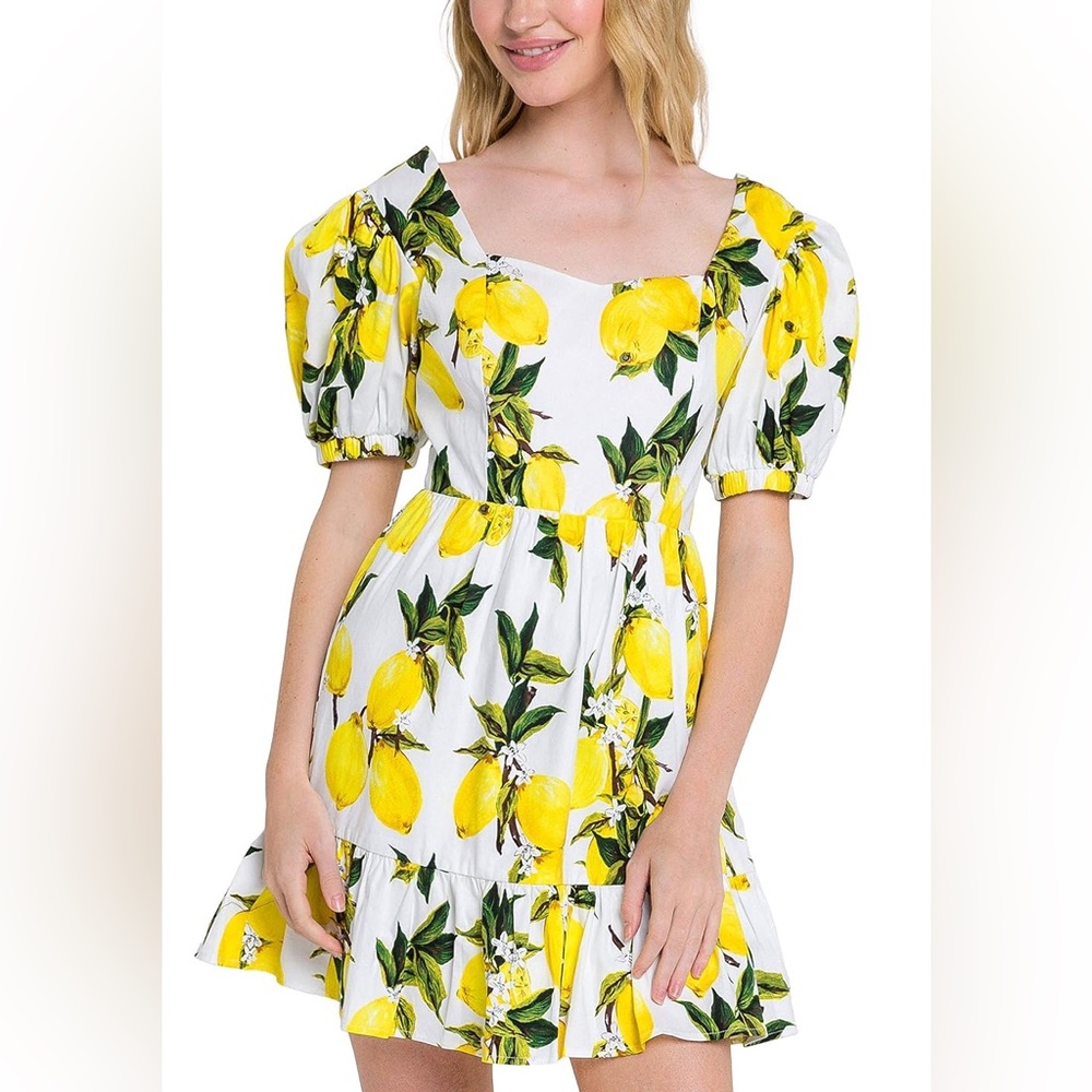 English Factory Yellow Lemon Print Puff Sleeve Dress